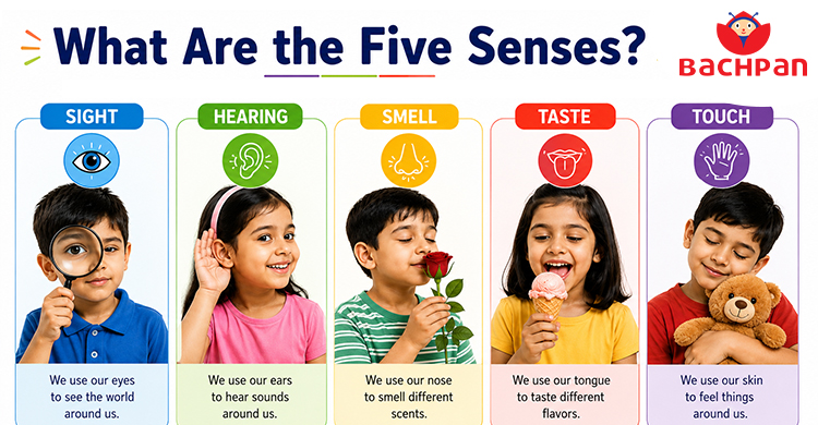 Educational illustration explaining the five senses for preschool children