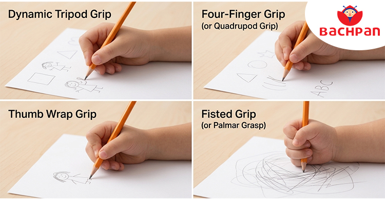 Different types of pencil grips used by children during writing activities