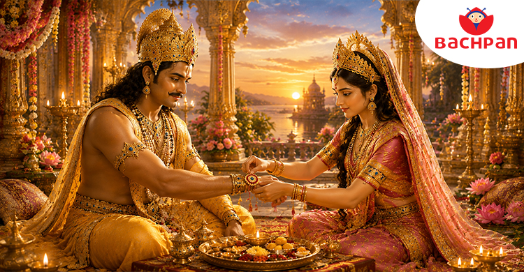 Illustration of Goddess Lakshmi tying a sacred thread to King Bali
