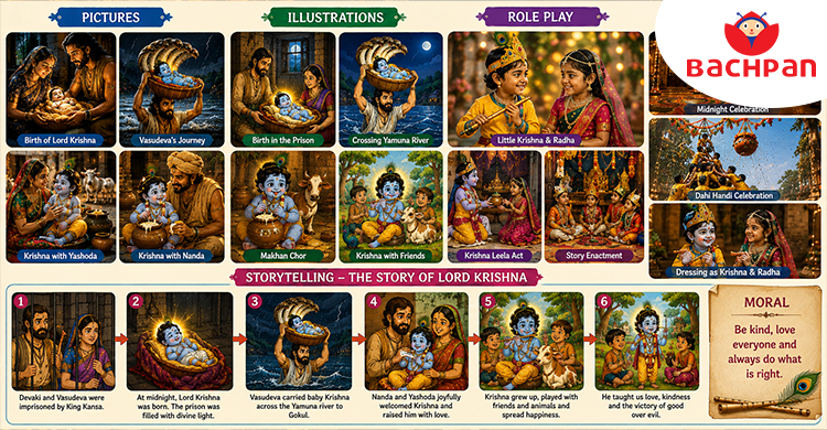 Creative ways to tell the Janmashtami Story for Kids through pictures, illustrations, role play and storytelling