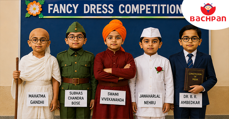Children dressed as famous national leaders of India during a fancy dress competition