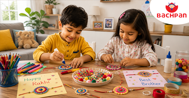 Parent or teacher sharing Raksha Bandhan stories with children through engaging activities