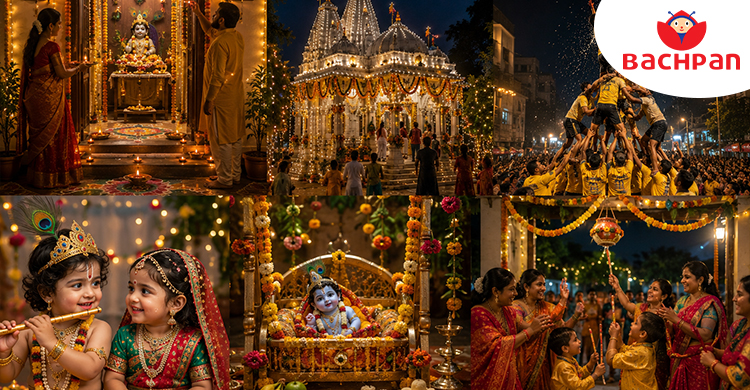 Krishna Janmashtami celebrations with temples, Krishna idols, children and Dahi Handi