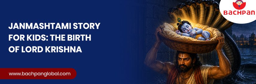 Janmashtami Story for Kids showing Vasudeva carrying baby Krishna in a basket on the night of his birth