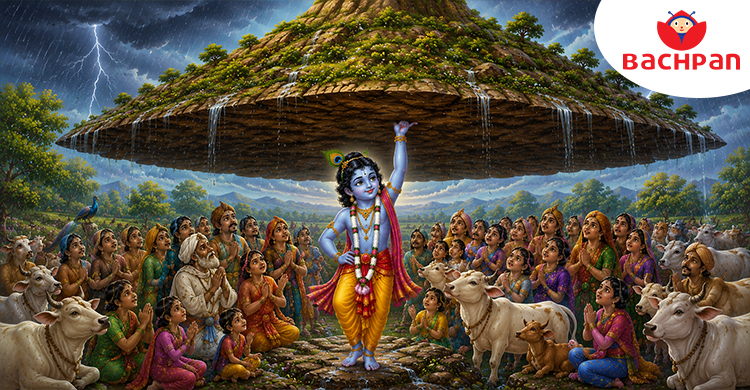 Lord Krishna lifting Govardhan Hill to protect the people of Vrindavan