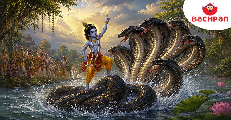 Lord Krishna confronting Kaliya Naag in the Yamuna River