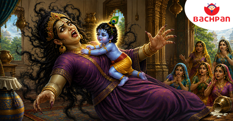 Baby Krishna facing Putana in a famous childhood story