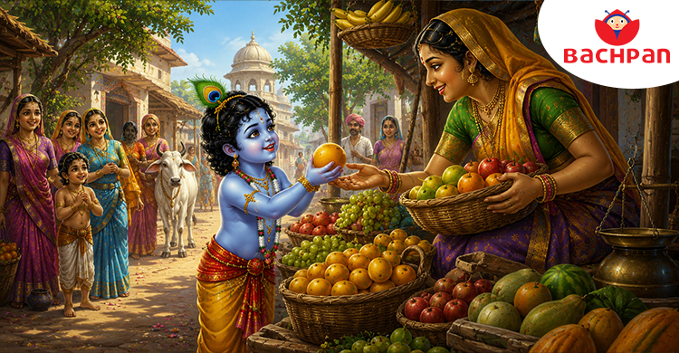 Little Krishna exchanging grains for fruit with a fruit seller