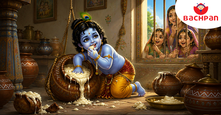Little Krishna enjoying butter in a playful childhood scene