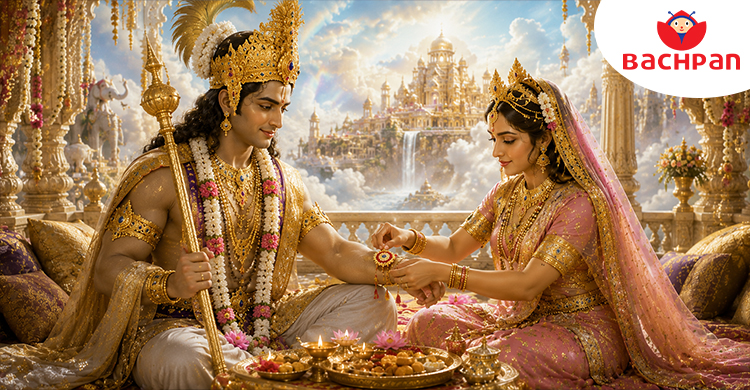 Illustration of Lord Indra and Indrani from the Raksha Bandhan legend