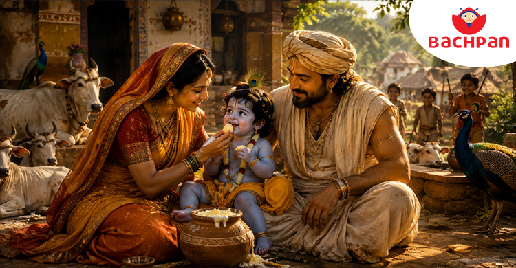 Janmashtami Story for Kids showing young Lord Krishna with Yashoda and Nanda in Gokul surrounded by cows