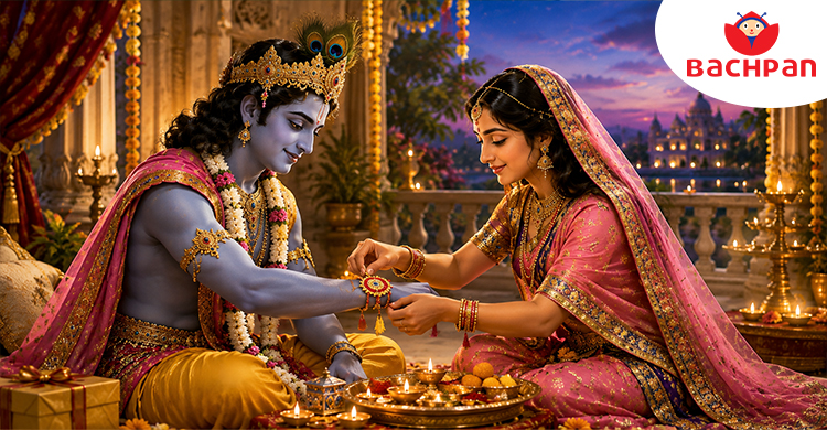 Illustration of Lord Krishna and Draupadi from the famous Raksha Bandhan story