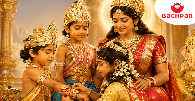 Illustration of Lord Ganesha, Santoshi Maa, and his sons in a Raksha Bandhan story