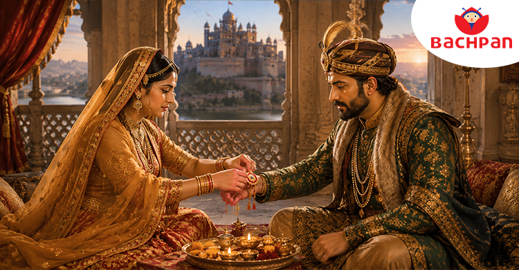 Illustration of Rani Karnavati sending a rakhi to Emperor Humayun