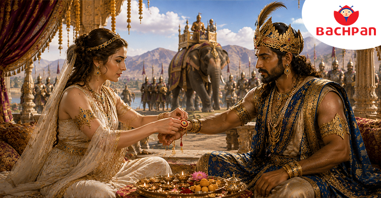 Illustration of Roxana tying a symbolic rakhi to King Porus