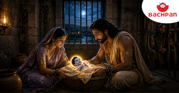 Janmashtami Story for Kids showing baby Krishna with Devaki and Vasudeva in the prison cell after his divine birth