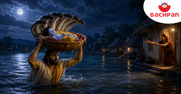 Janmashtami Story for Kids showing Vasudeva carrying baby Krishna across the Yamuna River on a stormy night