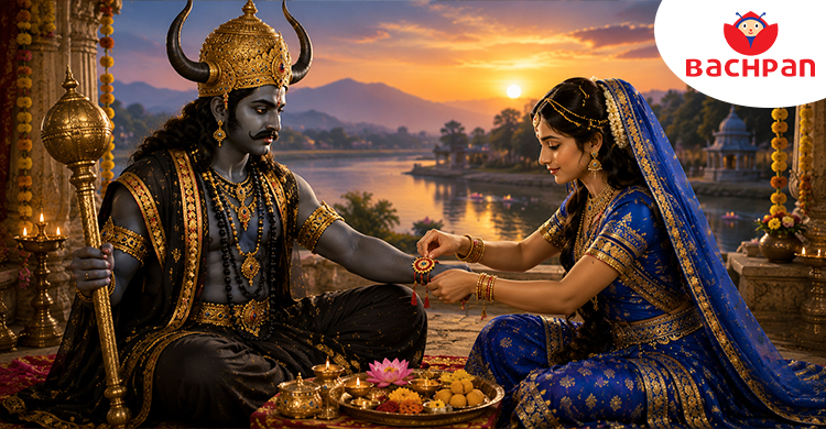 Yamraj and Yamuna celebrating Raksha Bandhan in a mythological illustration