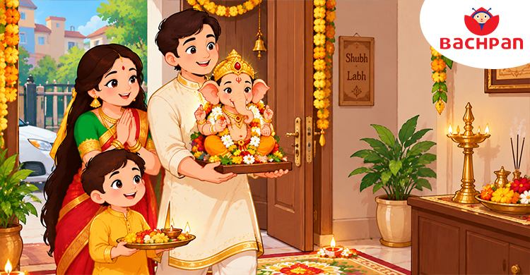 Family bringing a Ganesha idol home to celebrate Ganesh Chaturthi