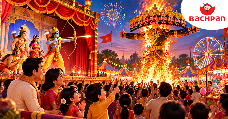 Children and families celebrating Dussehra with traditional festivities