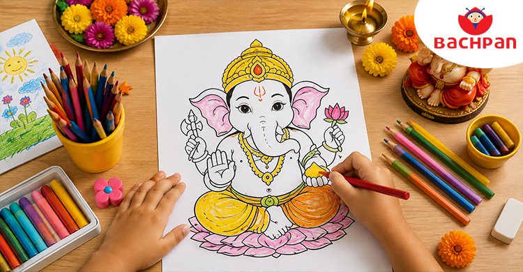 Colouring and drawing activity featuring Lord Ganesha for children