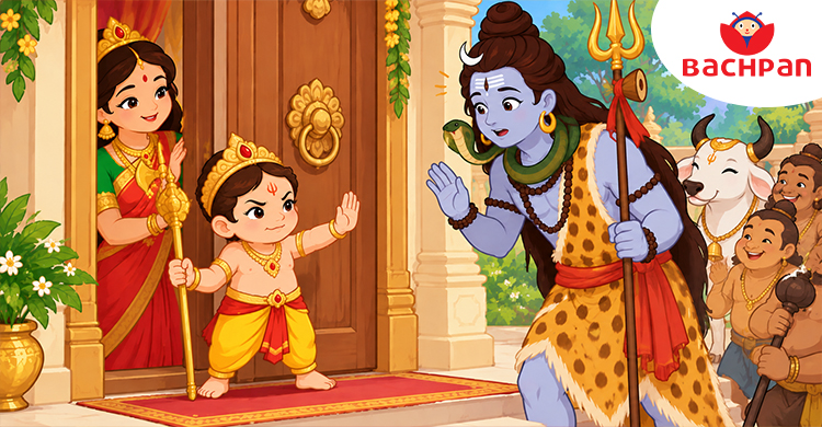 Young Ganesha guarding Goddess Parvati's door before meeting Lord Shiva