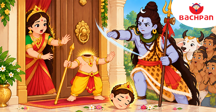 Lord Ganesha losing his head in the traditional birth story