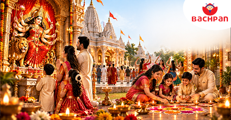 People celebrating Navratri with traditional prayers, dance, and festivities