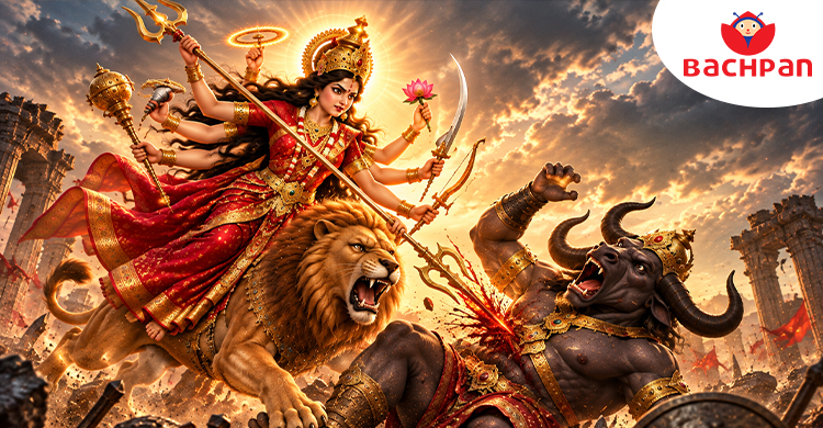 Goddess Durga defeating Mahishasura in a traditional festival story