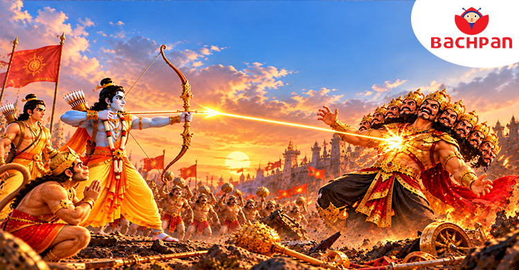 Lord Rama defeats Ravana in the Dussehra story for kids