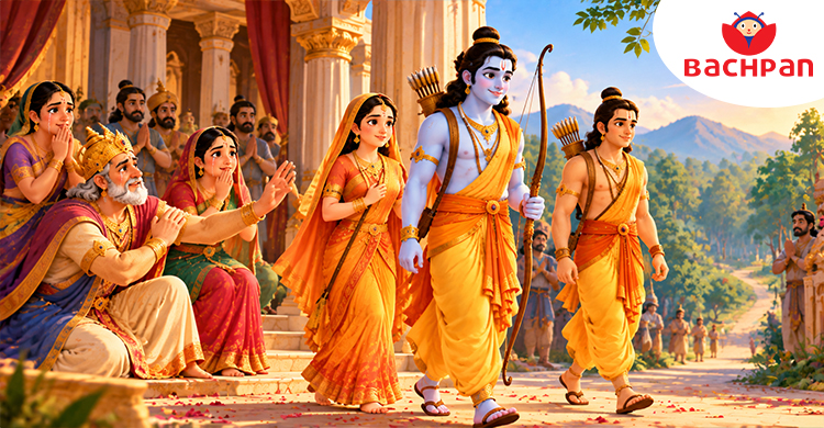 Lord Rama going into exile with Sita and Lakshmana