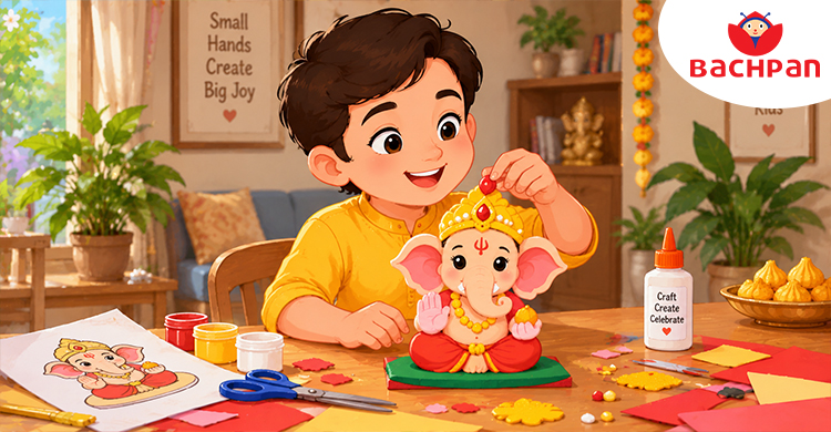 Children making a Ganesha craft using simple art materials