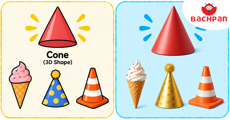 Cone shape objects helping kids learn shape names and 3D shapes