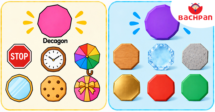 Decagon shape objects showing ten sides for kids
