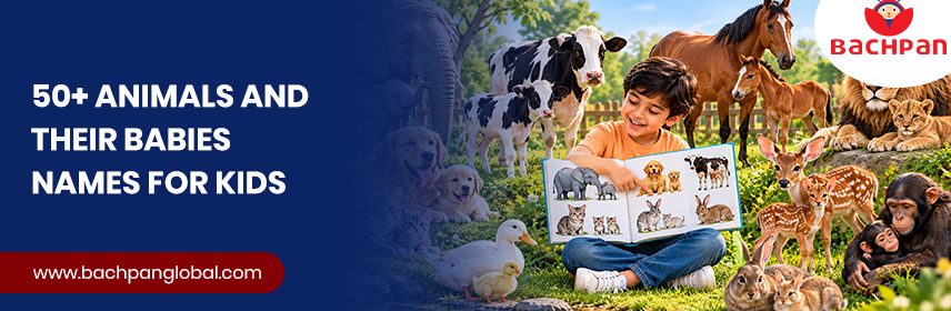 Animals and their babies names for kids, featuring animal parents and their young