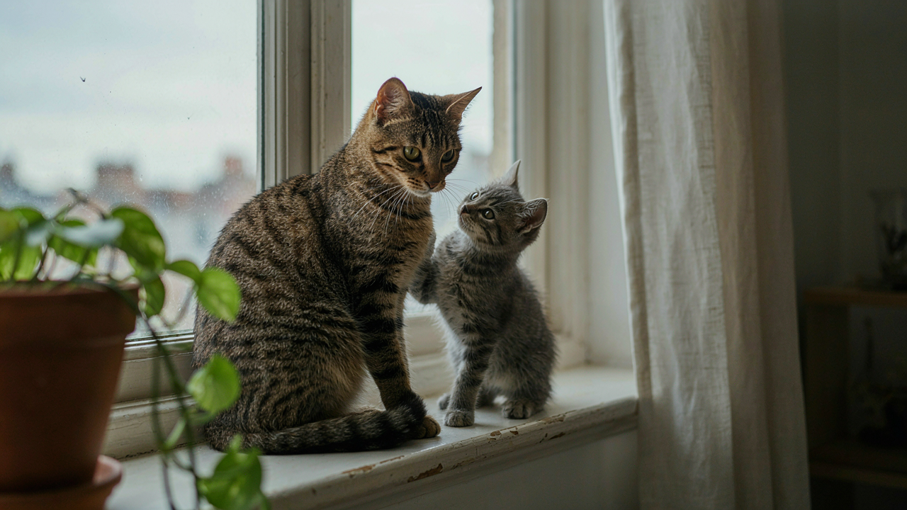 Cat and kitten to help children learn animals and their babies names