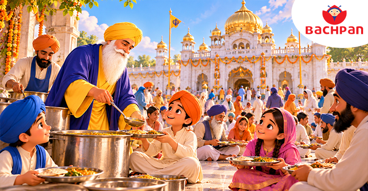 Guru Nanak Jayanti story for kids showing Gurdwara celebrations and langar