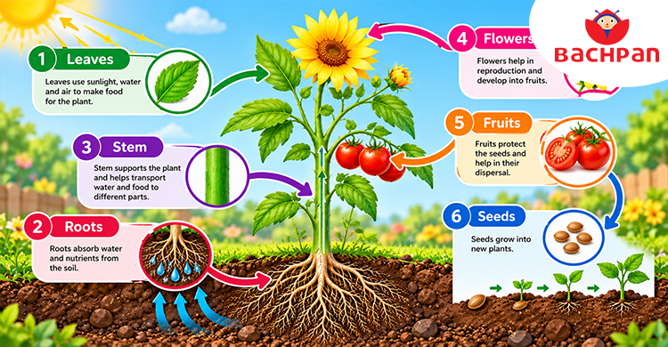 How roots, stems, leaves, and flowers work together