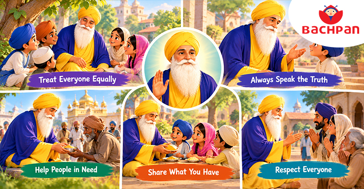 Children learning kindness, honesty, equality, and sharing from Guru Nanak Dev Ji