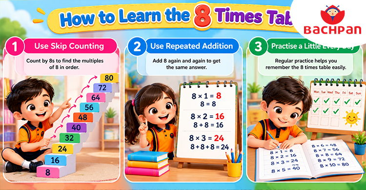 Multiplication table of 8 with number patterns for children