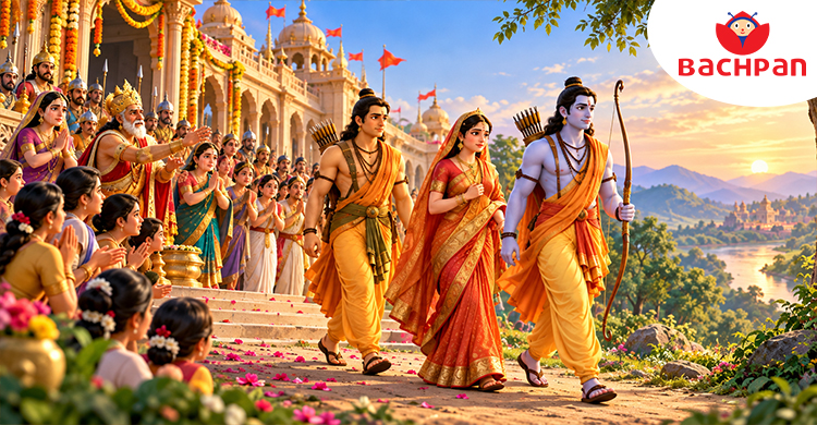 Lord Rama leaving Ayodhya with Sita and Lakshmana for fourteen years of exile