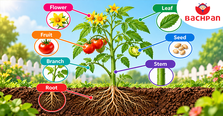 Labelled parts of a plant diagram showing roots, stem, leaves, flower, fruit, and seeds