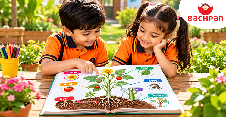 Plant parts including roots, stem, leaves, flowers, fruits, and seeds