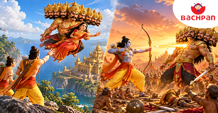 Ravana takes Sita to Lanka and Lord Rama defeats Ravana in the Diwali story
