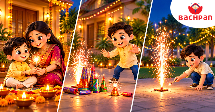 Kids following safe practices while enjoying firecrackers during Diwali