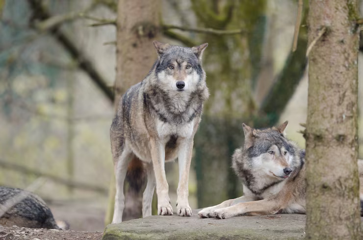 A wolf standing with its young pup
